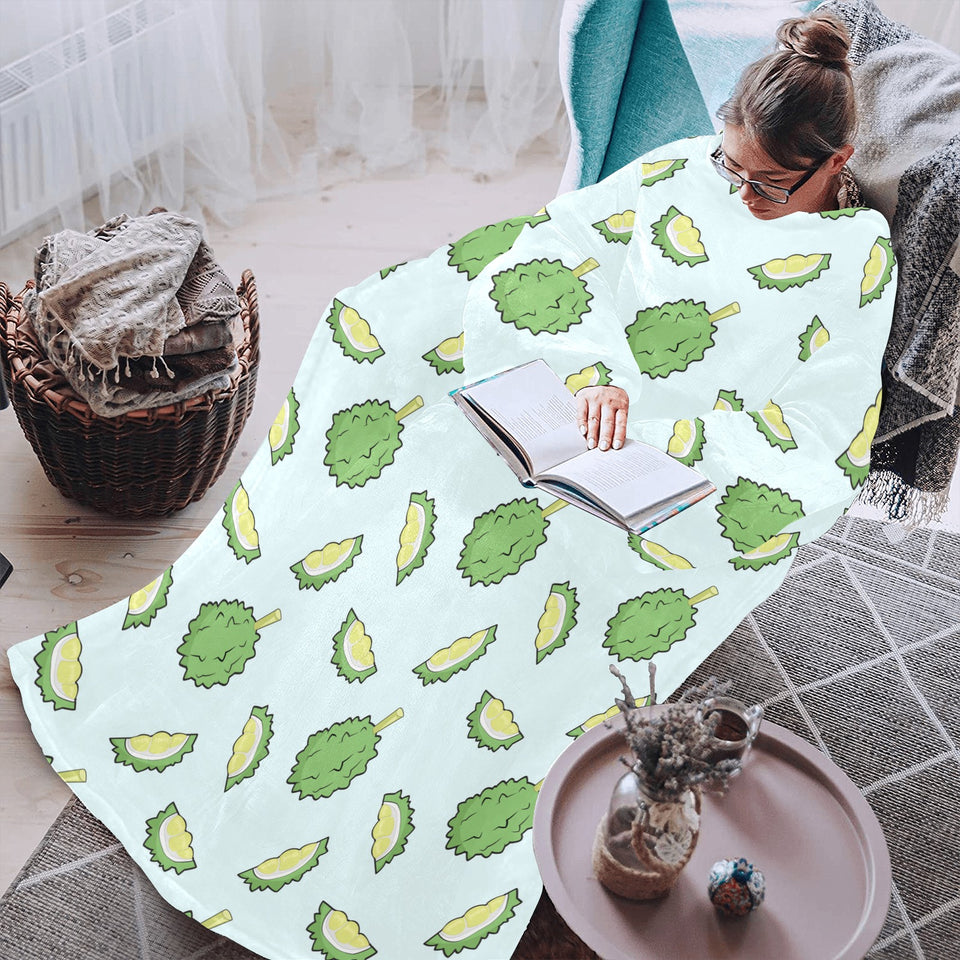 Durian pattern blue background Blanket Robe with Sleeves