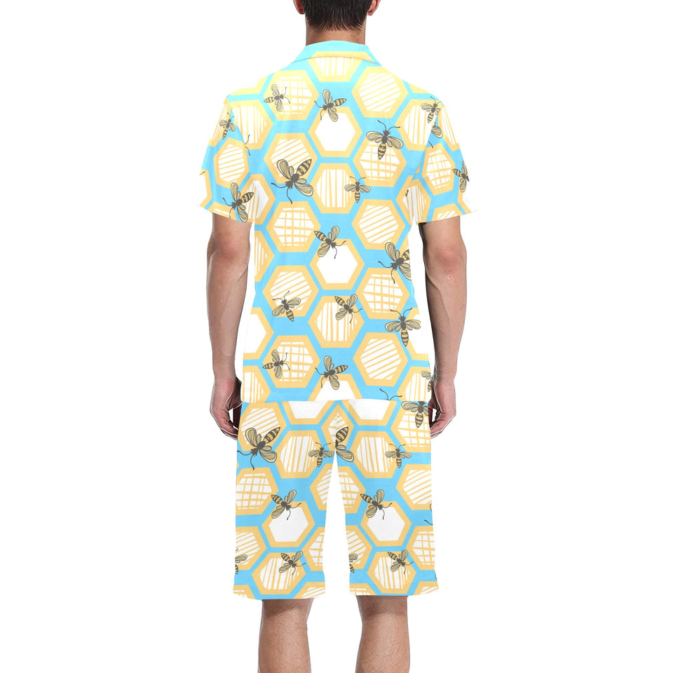 Bee honeycomb pattern Men's V-Neck Short Pajama Set