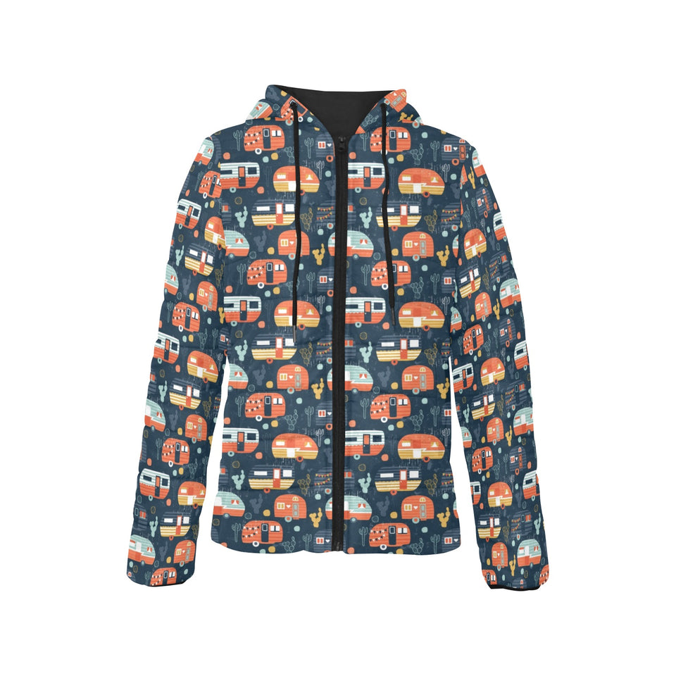 Camper Van Pattern Print Design 05 Women's Padded Hooded Jacket