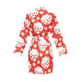 Cute Maneki neko cat red background Women's Long Sleeve Belted Night Robe
