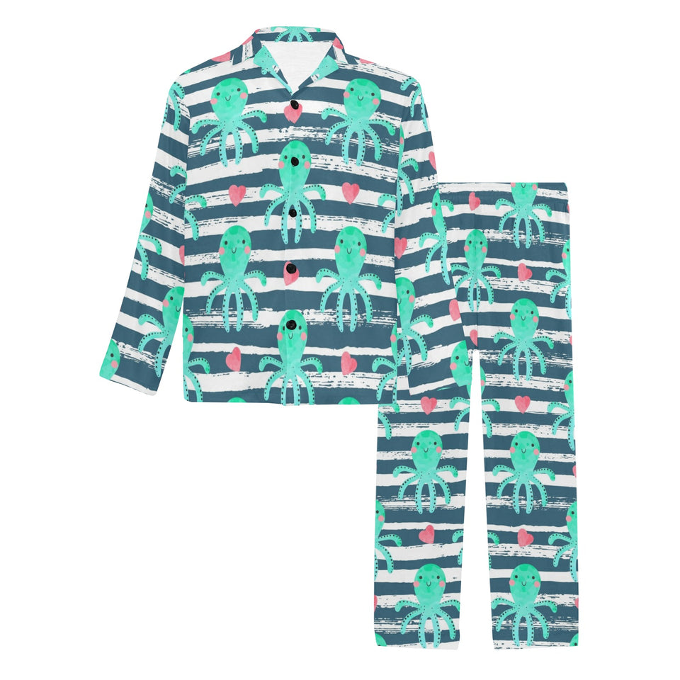 Cute octopuses heart striped background Men's Long Pajama Set