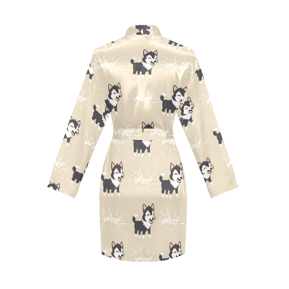 Cute Siberian Husky Women's Long Sleeve Belted Night Robe