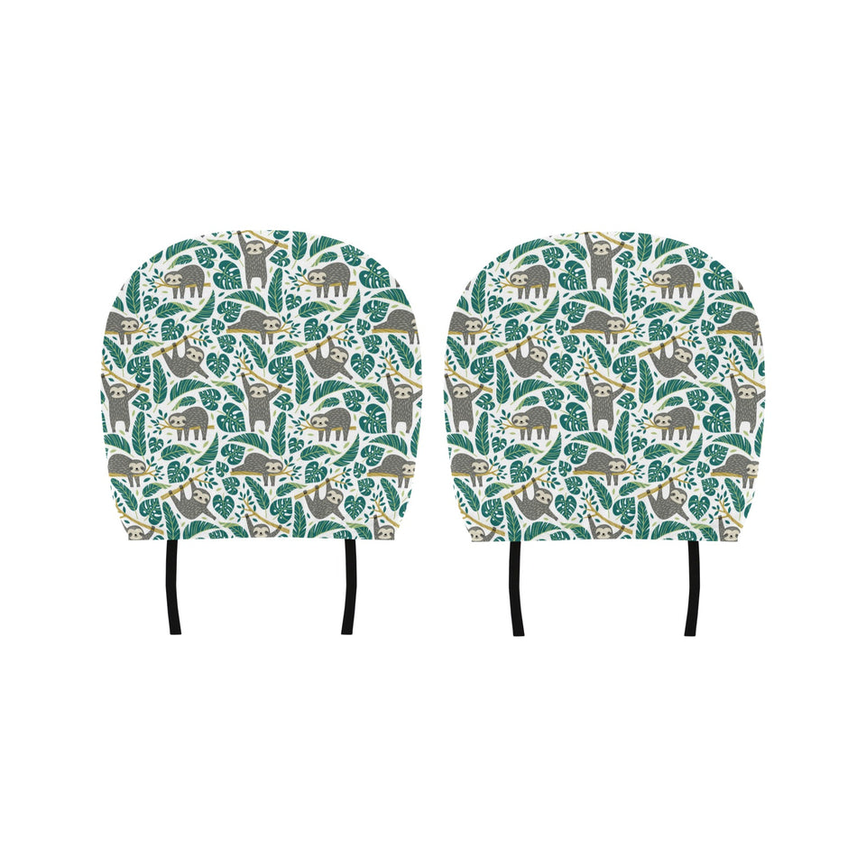 Cute sloths tropical palm leaves white background Car Headrest Cover