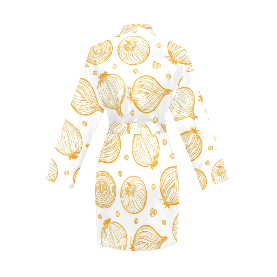 hand drawn onion pattern Women's Long Sleeve Belted Night Robe
