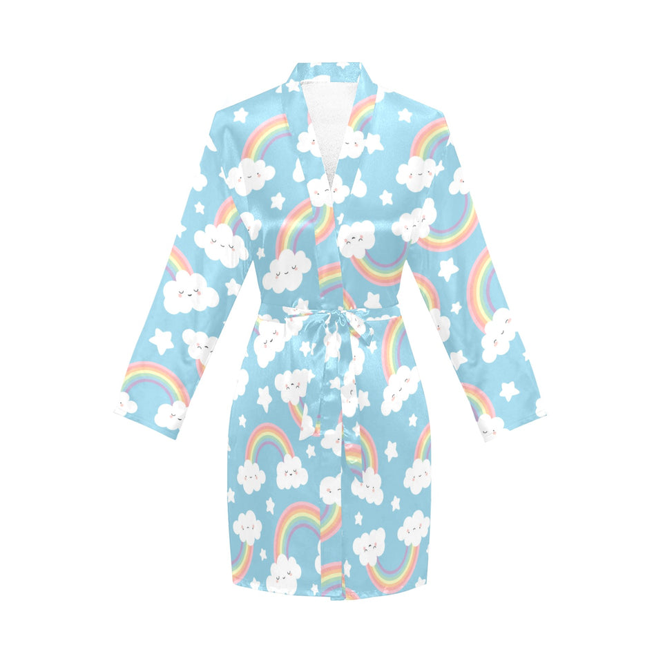 Cute rainbow clound star pattern blue background Women's Long Sleeve Belted Night Robe