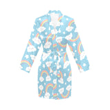 Cute rainbow clound star pattern blue background Women's Long Sleeve Belted Night Robe