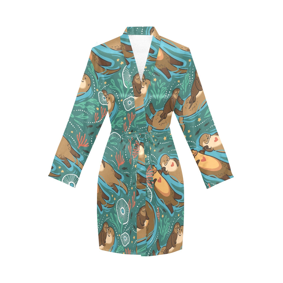cute brown sea otters ornamental seaweed corals gr Women's Long Sleeve Belted Night Robe