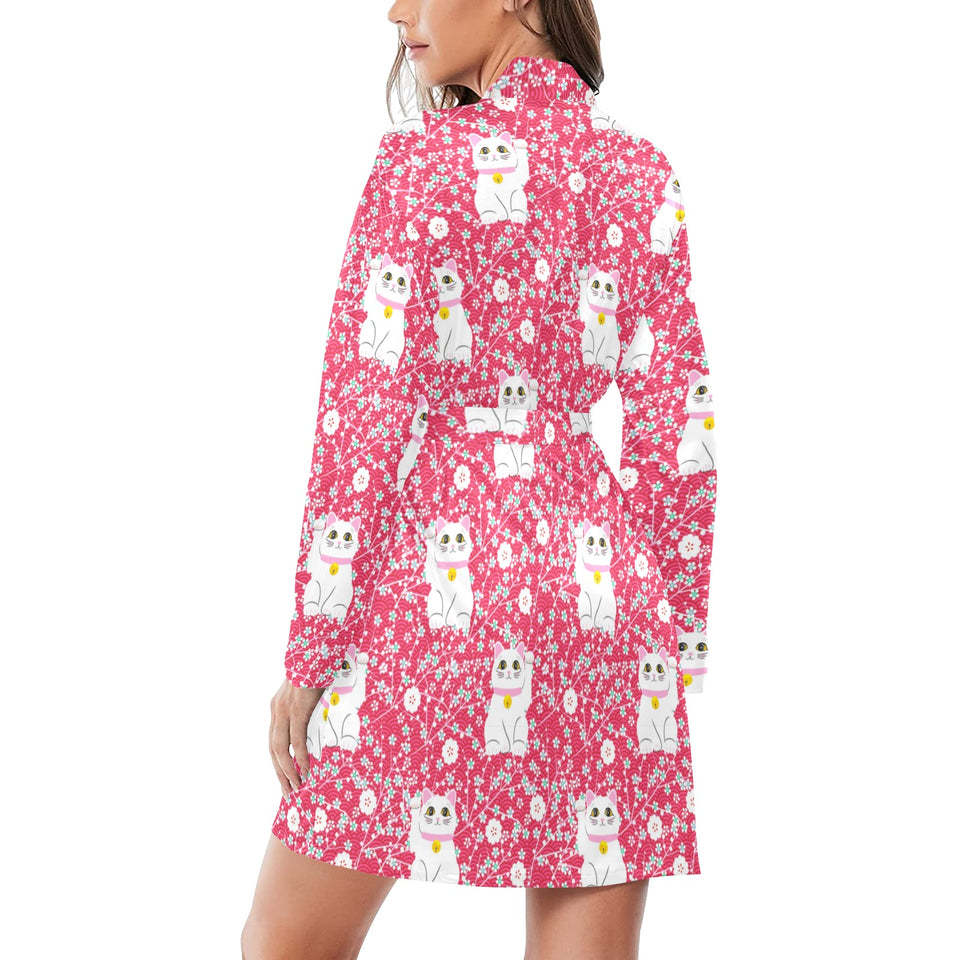 Maneki neko cat sakura pink background Women's Long Sleeve Belted Night Robe