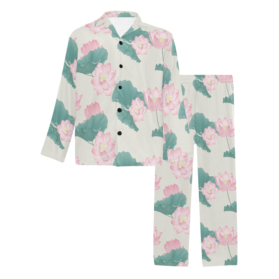 Pink lotus waterlily leaves pattern Men's Long Pajama Set