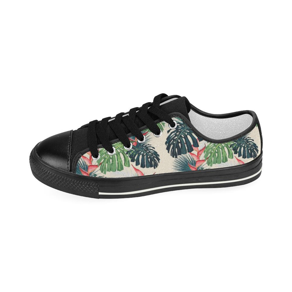 heliconia flowers, palm and monstera leaves Kids' Boys' Girls' Low Top Canvas Shoes Black