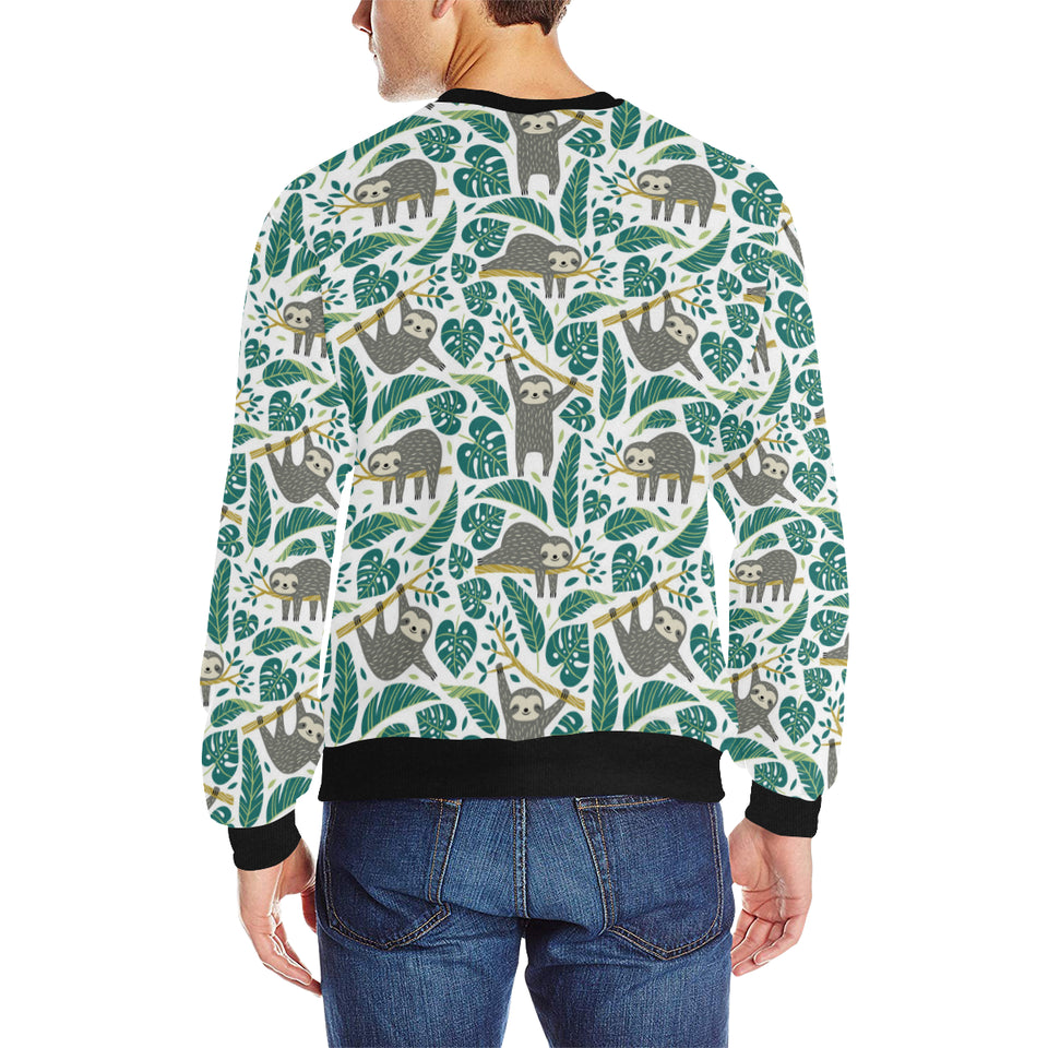 Cute sloths tropical palm leaves white background Men's Crew Neck Sweatshirt