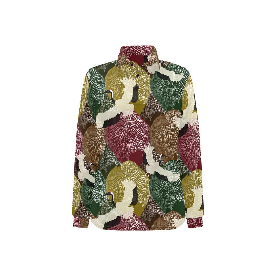 Japanese cranes flying forest dot pattern Women's Long Sleeve Polo Shirt