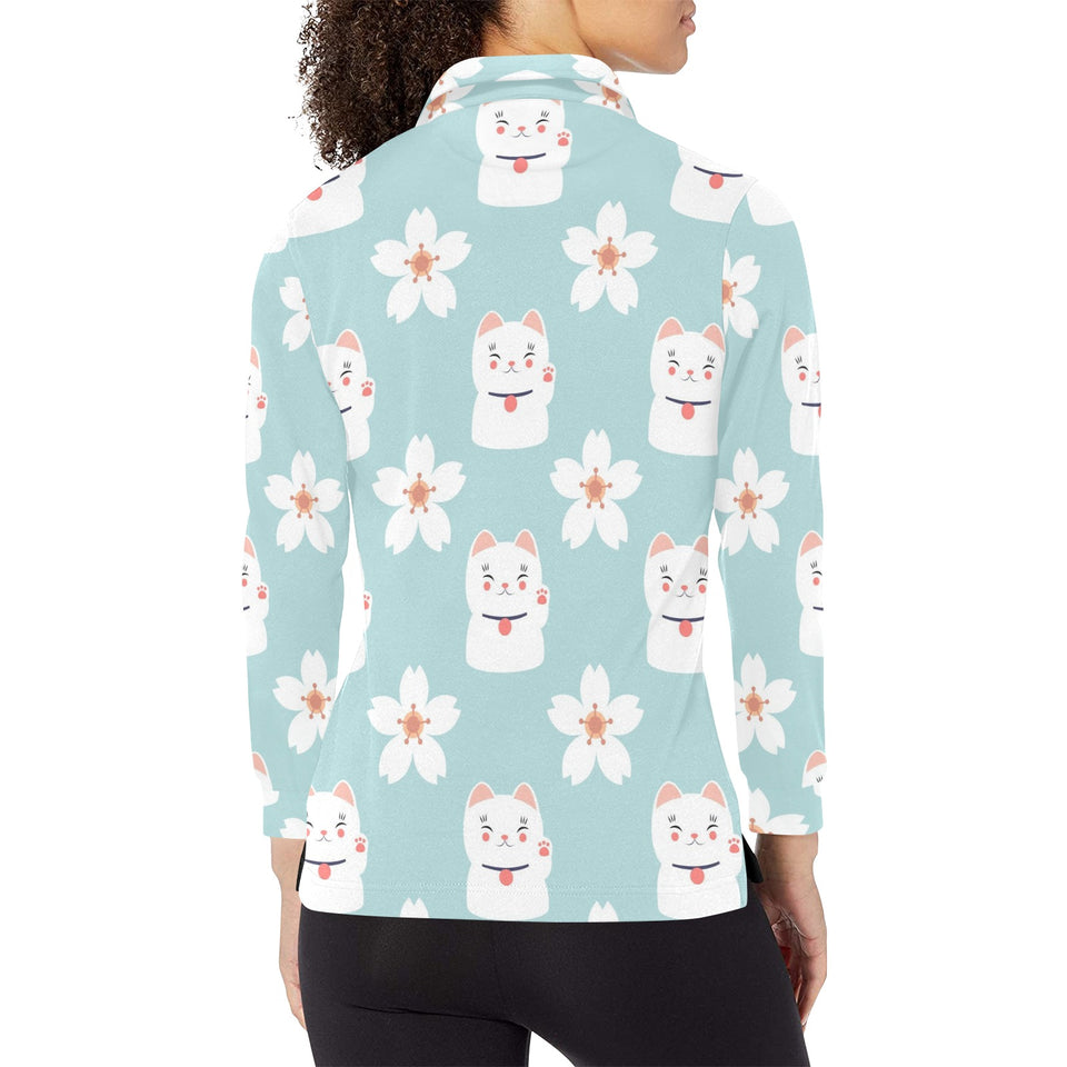 Maneki neko cat sakura Women's Long Sleeve Polo Shirt