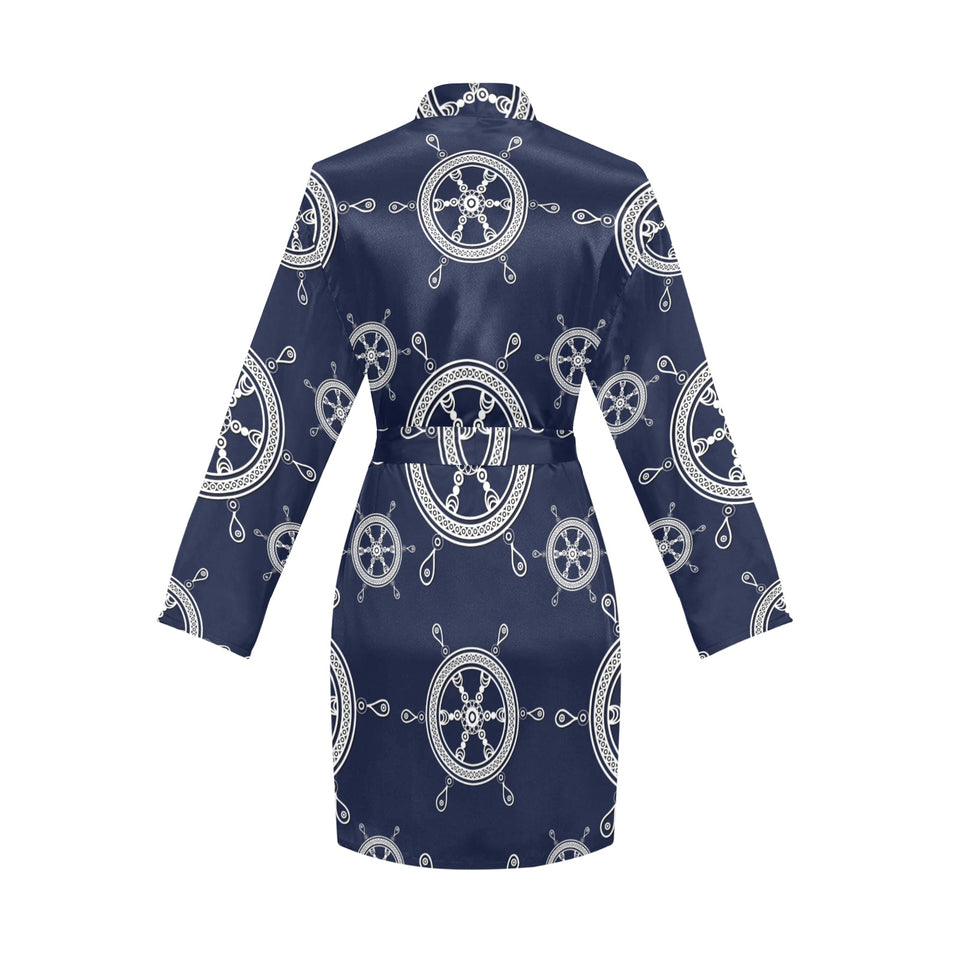 nautical steering wheel design pattern Women's Long Sleeve Belted Night Robe