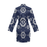 nautical steering wheel design pattern Women's Long Sleeve Belted Night Robe