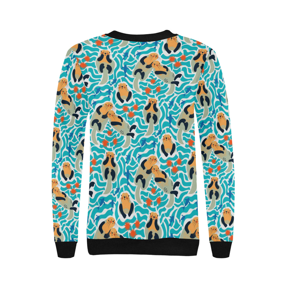 Cute sea otters fishe sea urchin pattern Women's Crew Neck Sweatshirt