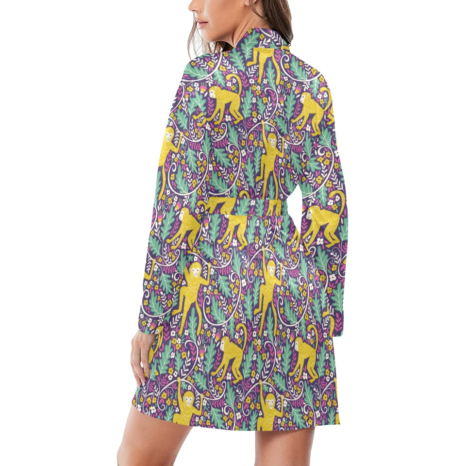 Cute yellow monkey leaves pattern Women's Long Sleeve Belted Night Robe