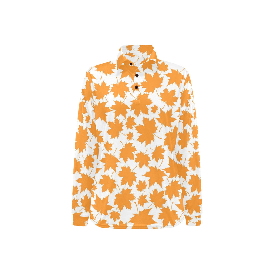Orange Maple Leaf pattern Women's Long Sleeve Polo Shirt
