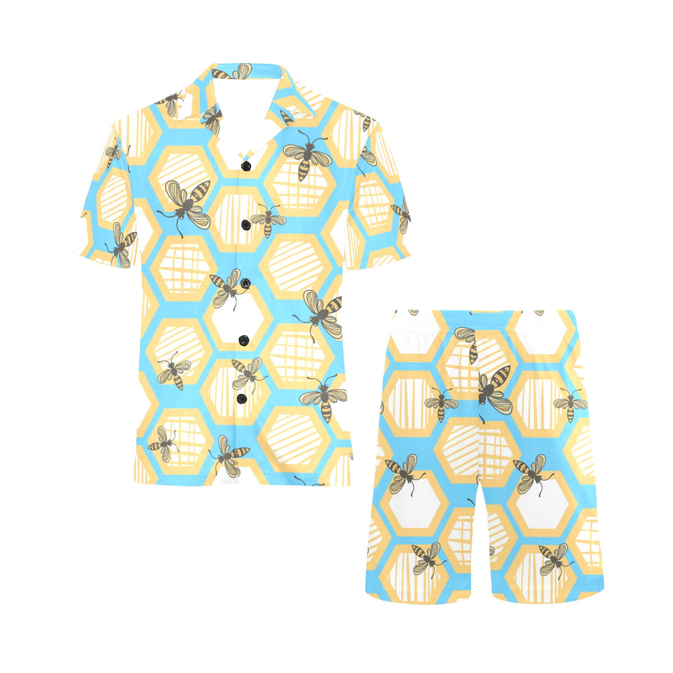 Bee honeycomb pattern Men's V-Neck Short Pajama Set