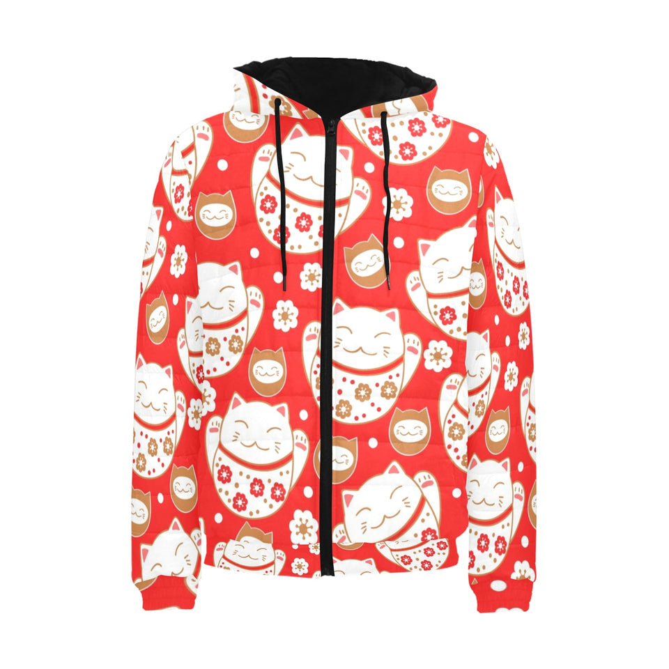 Cute Maneki neko cat red background Men's Padded Hooded Jacket