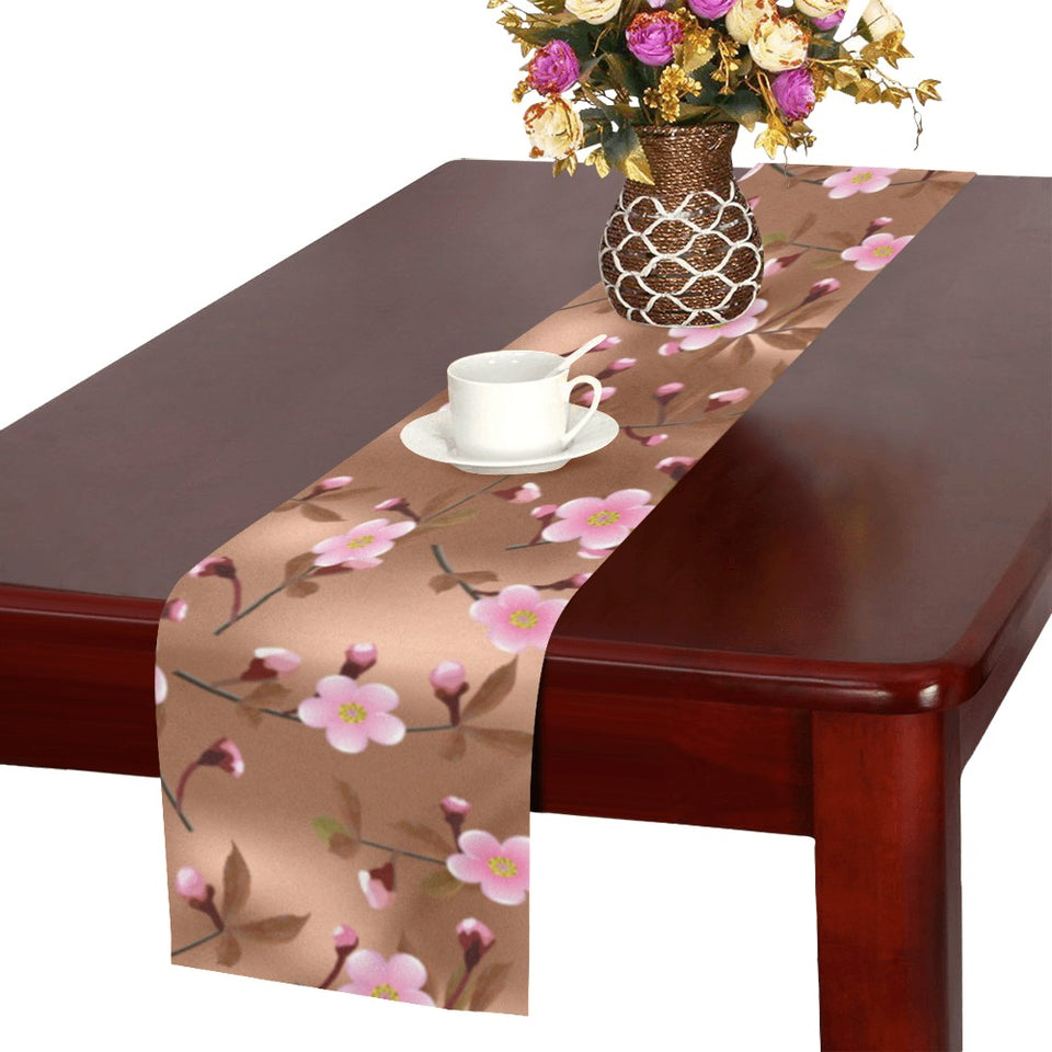 Pink sakura cherry blossom drak brown background Table Runner