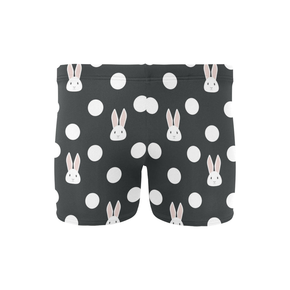 Cute white rabbit polka dots black background Men's Swimming Trunks