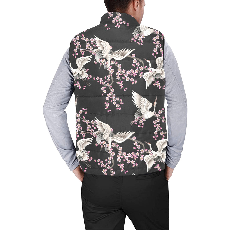 Japanese crane pink sakura pattern Men's Padded Vest