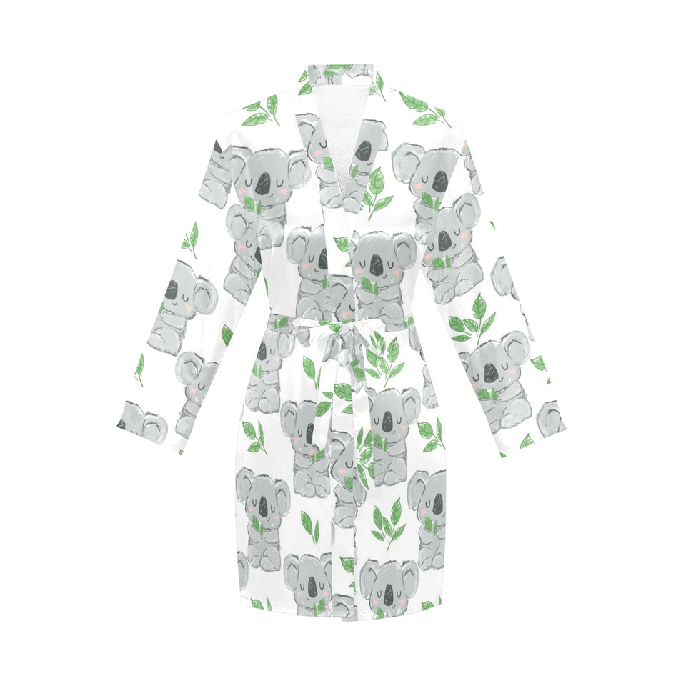 Hand drawn Koala leaves pattern Women's Long Sleeve Belted Night Robe