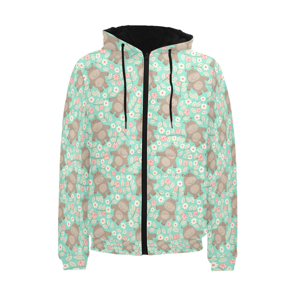 Hippopotamus Pattern Print Design 02 Men's Padded Hooded Jacket