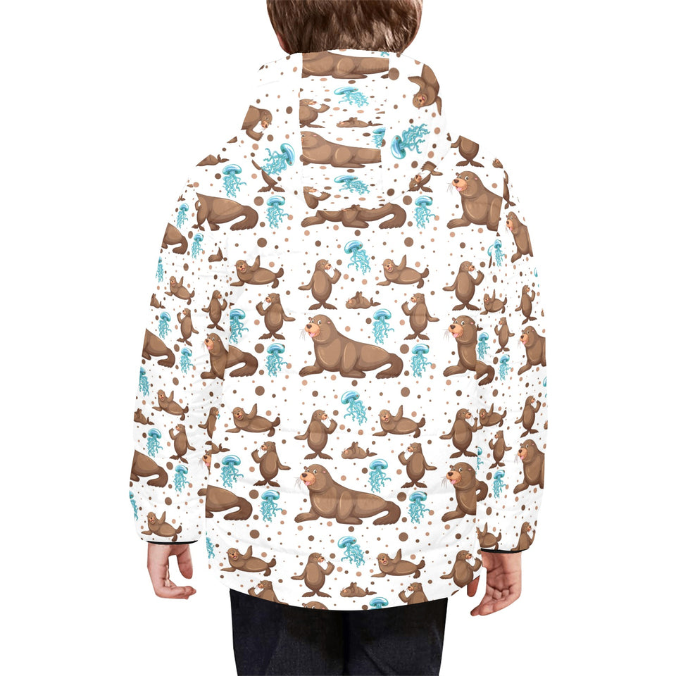 sea lion Seals jellyfish pattern Kids' Boys' Girls' Padded Hooded Jacket