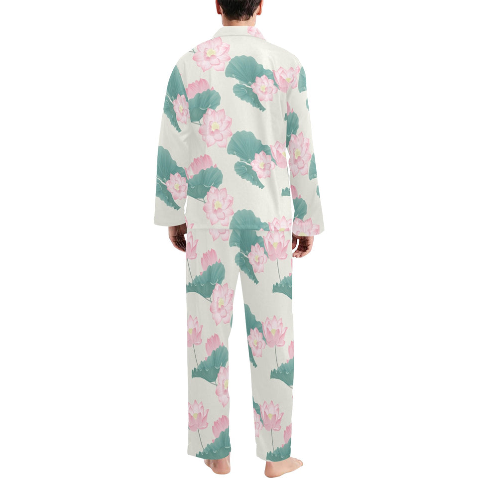 Pink lotus waterlily leaves pattern Men's Long Pajama Set
