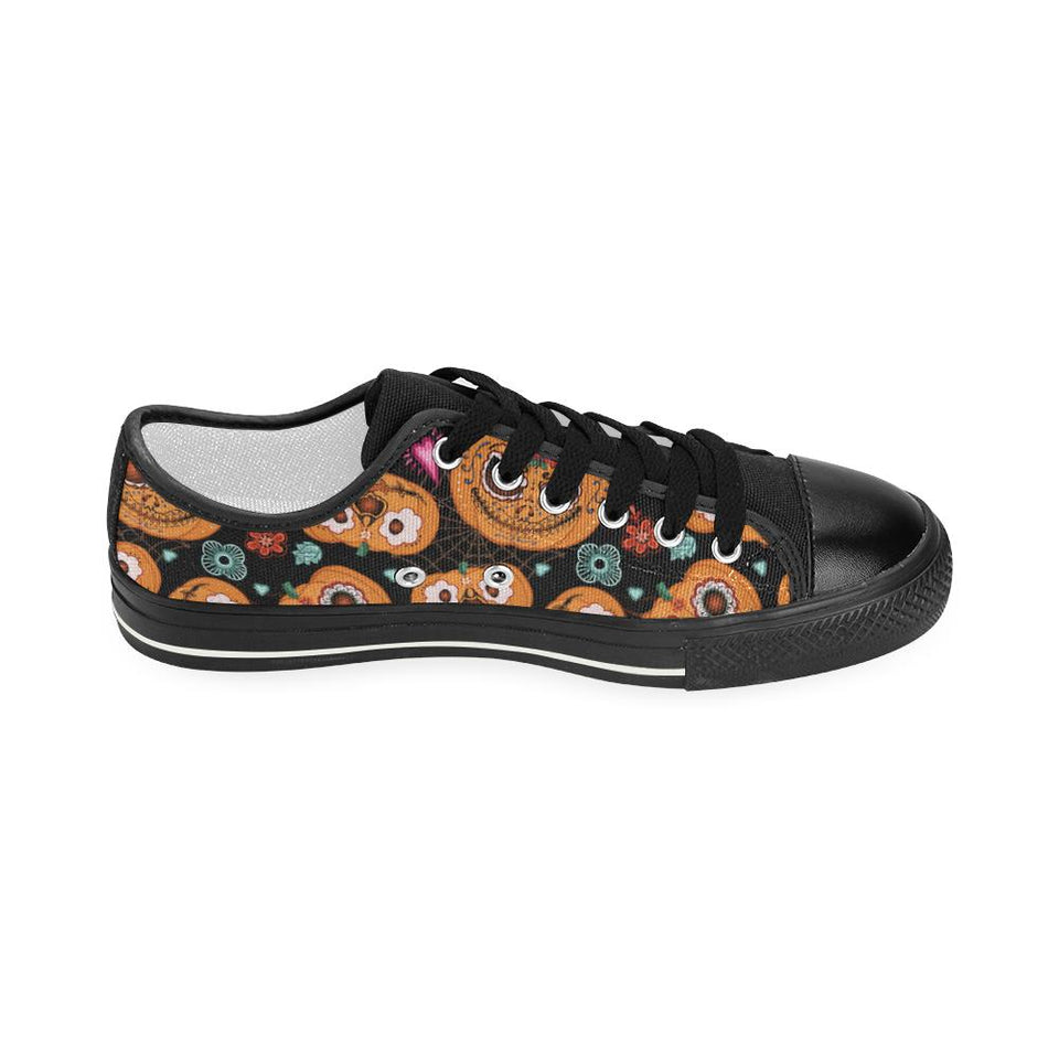Pumpkin flowers spiderweb Halloween theme Kids' Boys' Girls' Low Top Canvas Shoes Black