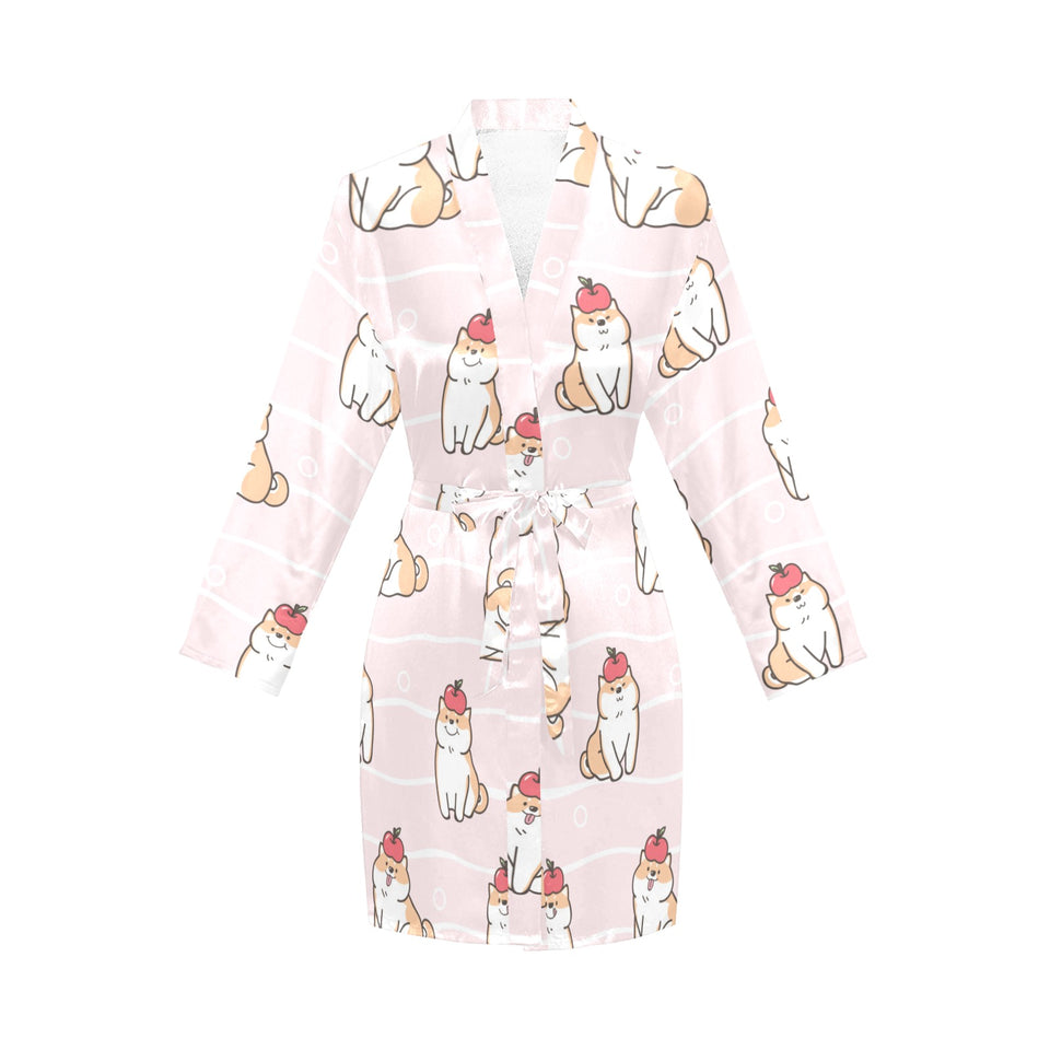 Cute Shiba Inu Dog Apple pattern Women's Long Sleeve Belted Night Robe