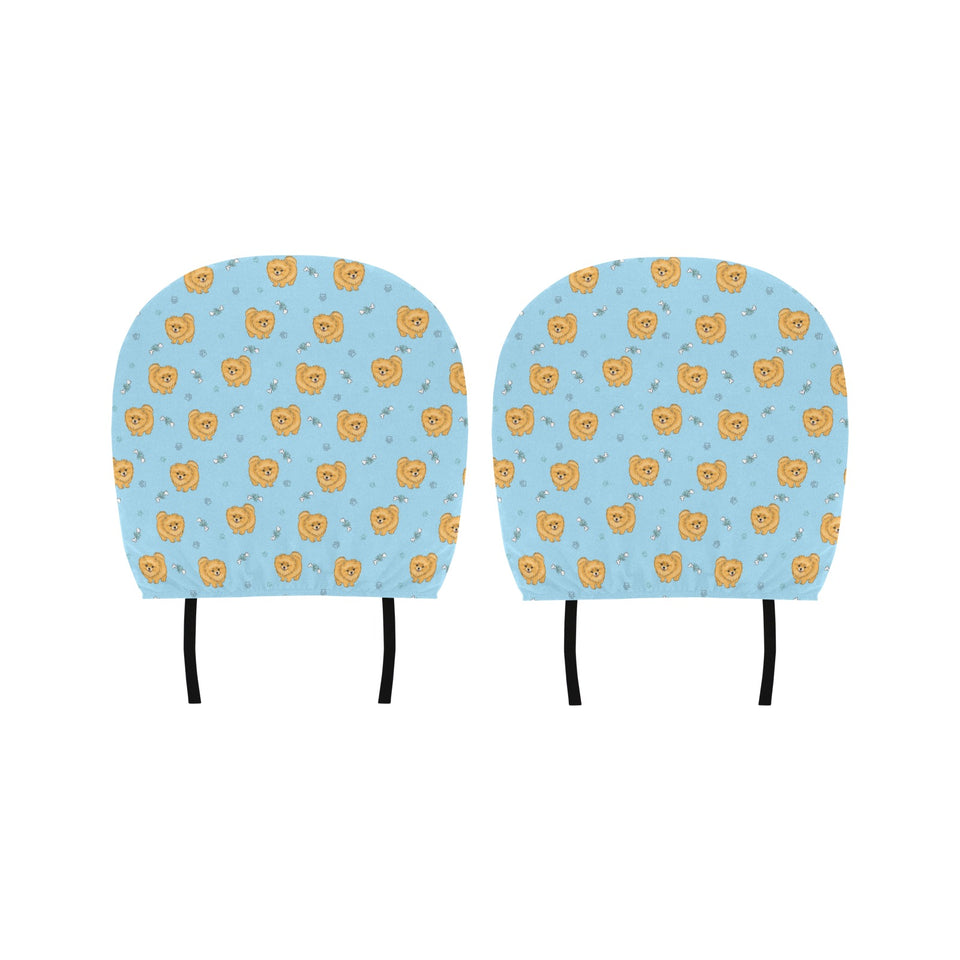 Brown cute pomeranian blue blackground Car Headrest Cover
