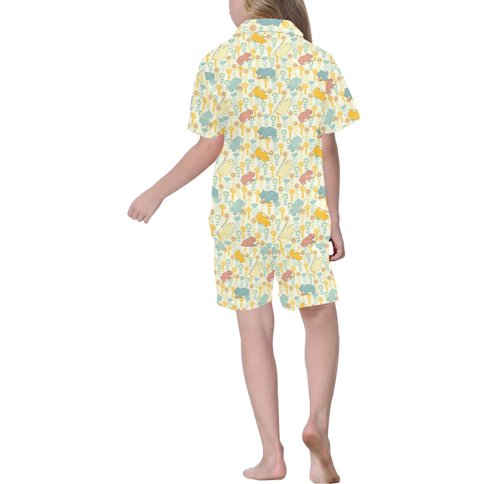 Hippopotamus Pattern Print Design 04 Kids' Boys' Girls' V-Neck Short Pajama Set