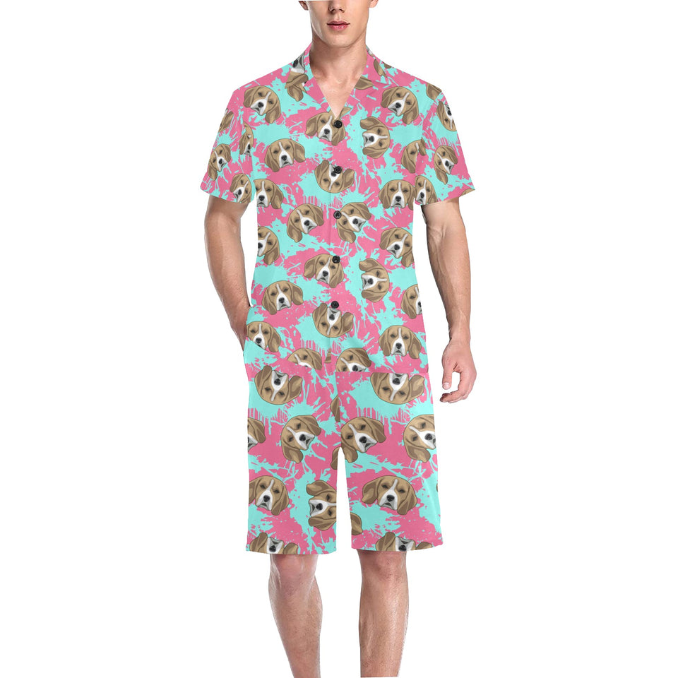 Beagle muzzles turquoise paint splashes pink patte Men's V-Neck Short Pajama Set