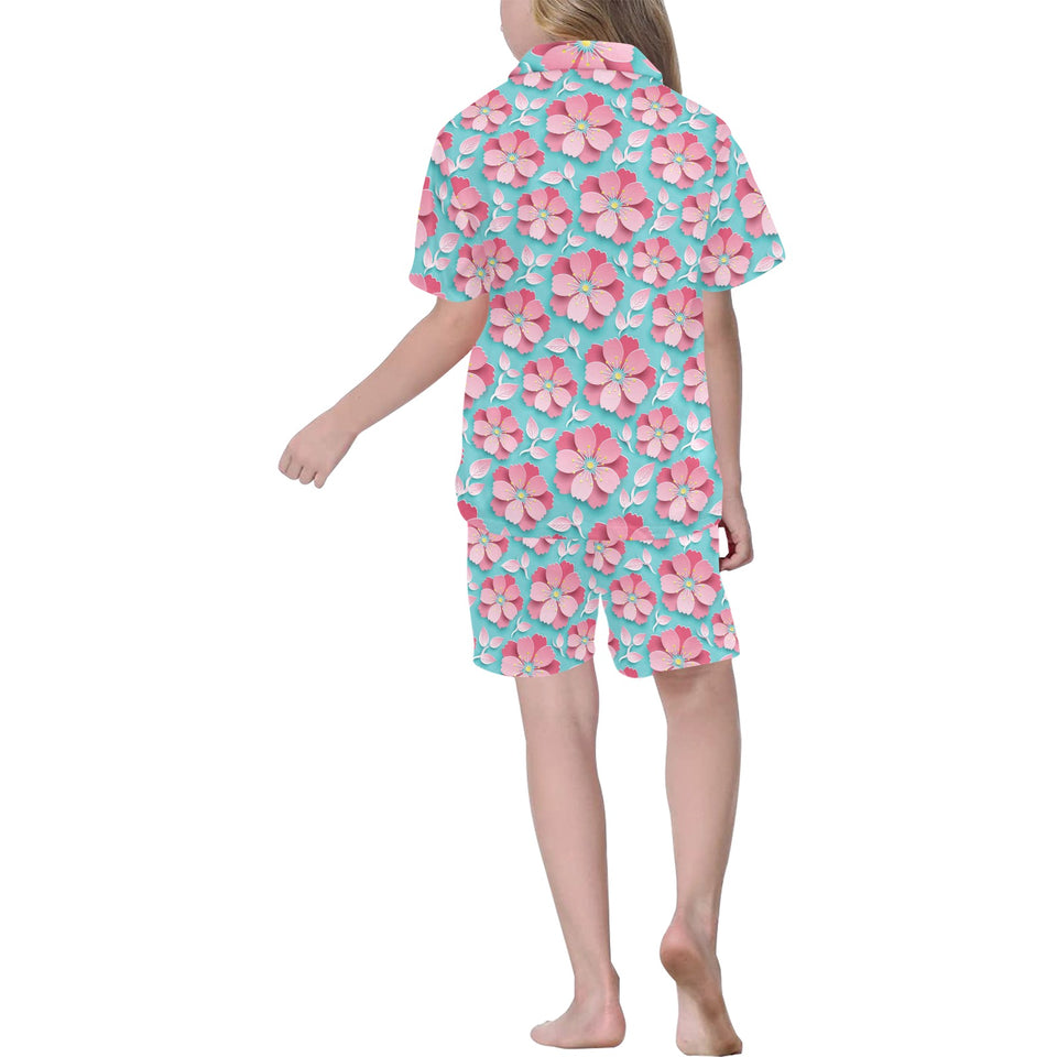 3D sakura cherry blossom pattern Kids' Boys' Girls' V-Neck Short Pajama Set