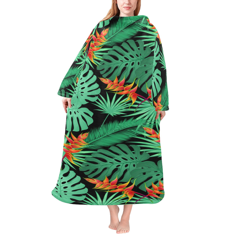 heliconia flower palm monstera leaves black backgr Blanket Robe with Sleeves