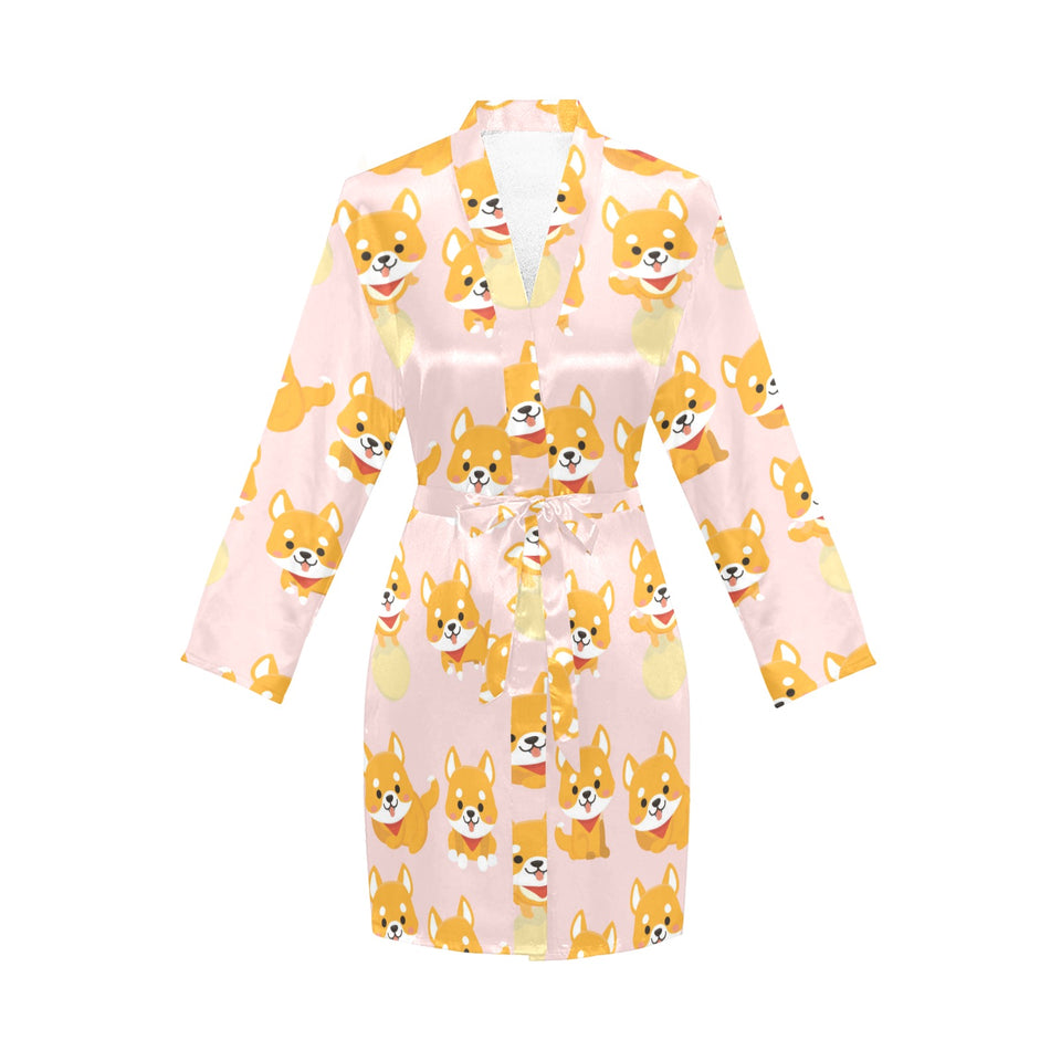 Cute shiba inu dog pattern Women's Long Sleeve Belted Night Robe