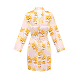 Cute shiba inu dog pattern Women's Long Sleeve Belted Night Robe
