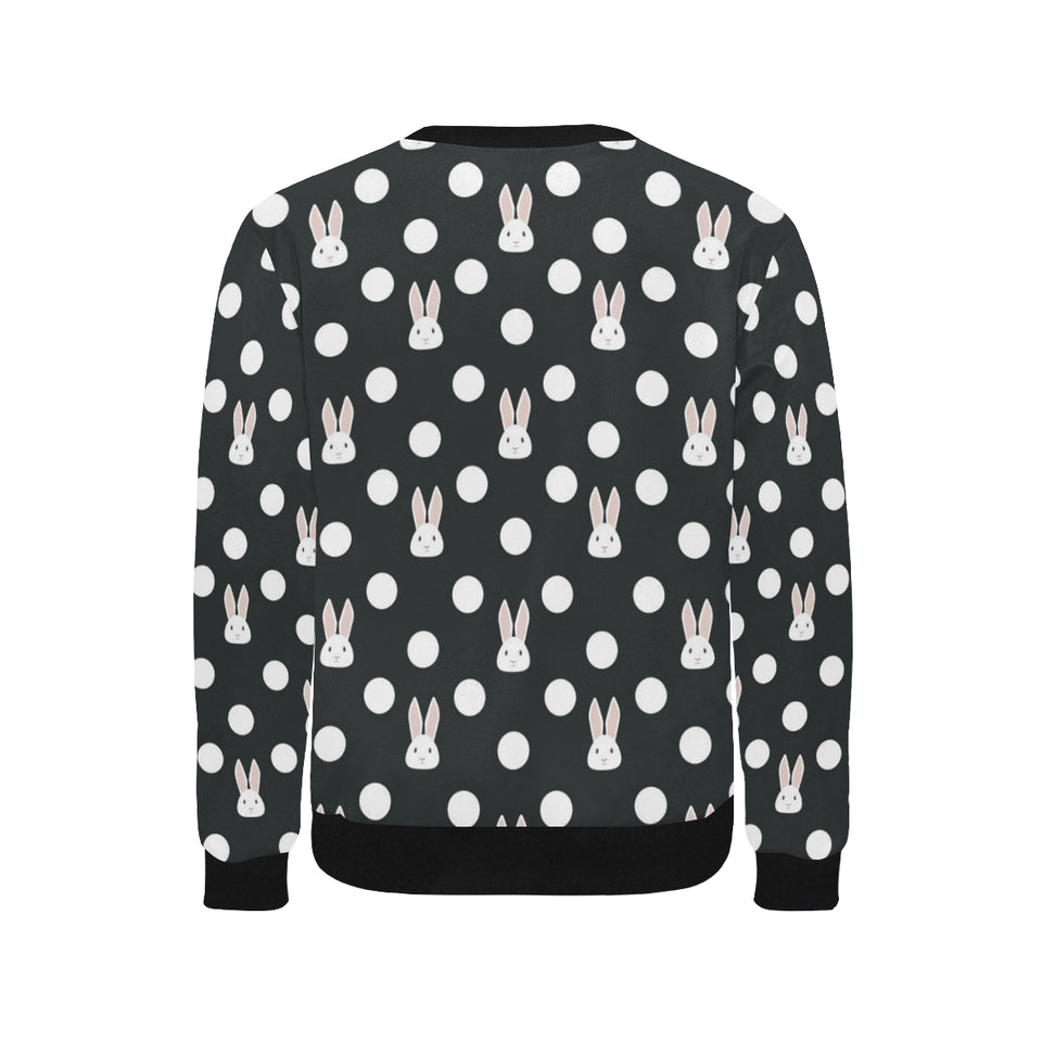 Cute white rabbit polka dots black background Men's Crew Neck Sweatshirt