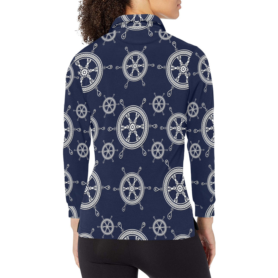 nautical steering wheel design pattern Women's Long Sleeve Polo Shirt
