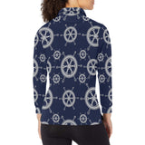 nautical steering wheel design pattern Women's Long Sleeve Polo Shirt