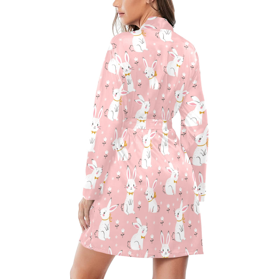 Cute white rabbit flower pink background Women's Long Sleeve Belted Night Robe