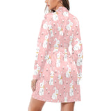 Cute white rabbit flower pink background Women's Long Sleeve Belted Night Robe