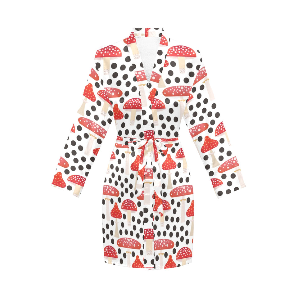 Red mushroom dot pattern Women's Long Sleeve Belted Night Robe