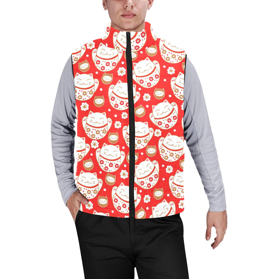 Cute Maneki neko cat red background Men's Padded Vest