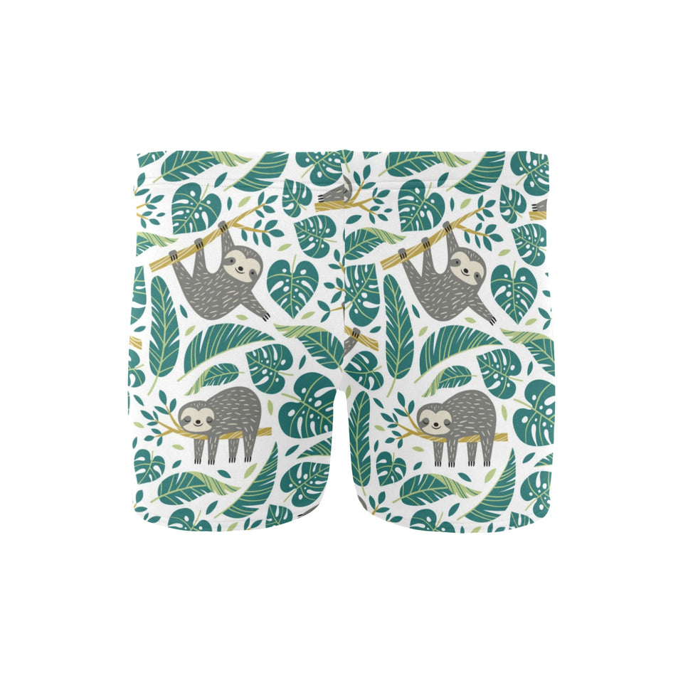 Cute sloths tropical palm leaves white background Men's Swimming Trunks
