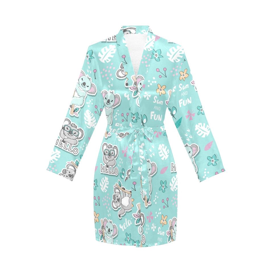 Cute koalas blue background pattern Women's Long Sleeve Belted Night Robe