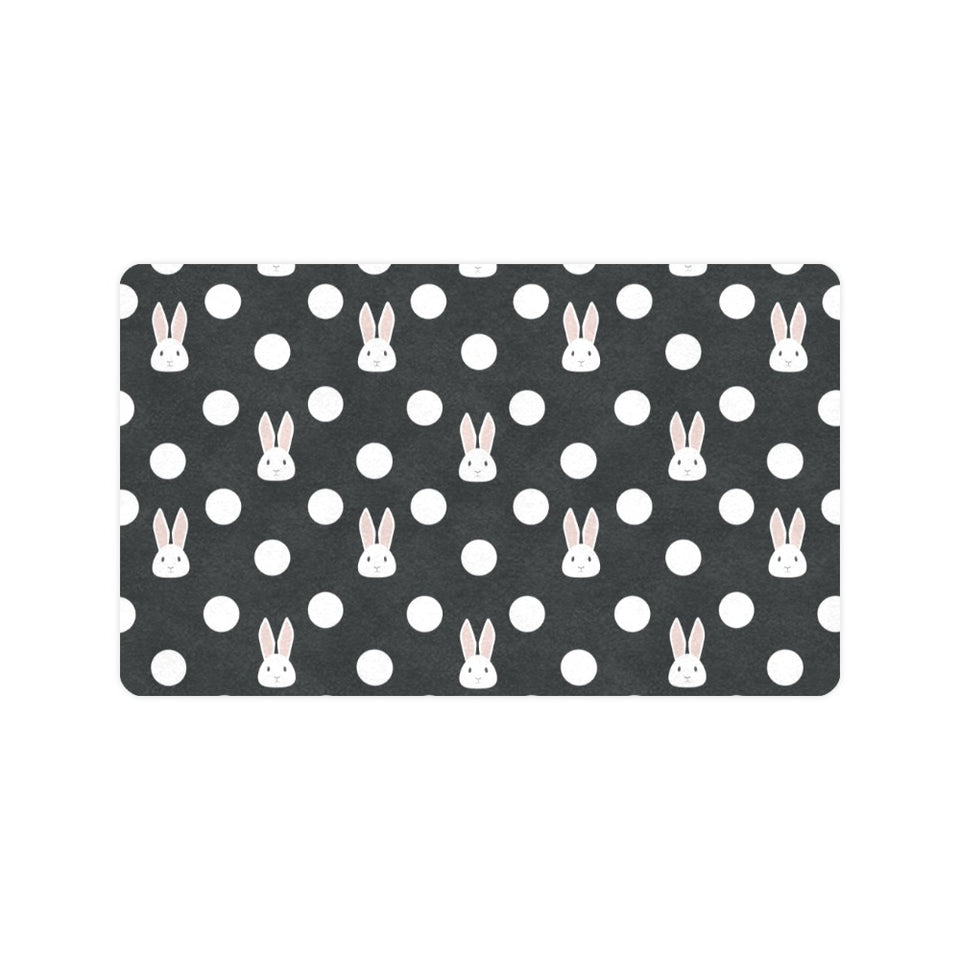 Cute white rabbit polka dots black background Doormat